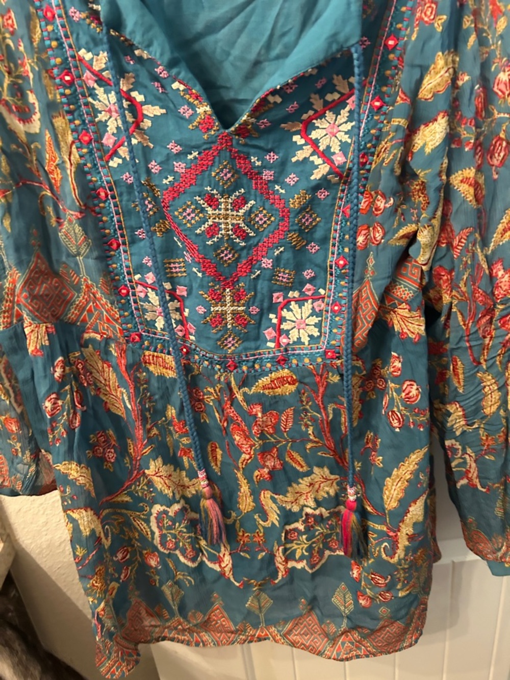 Teal Embroidered Boho Tunic Top with Multicolor Floral Details Festival - Picture 8 of 8